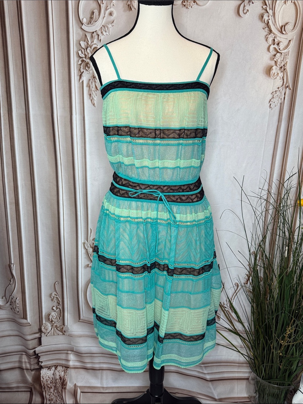 M by Missoni Turquoise and Black Striped Lace Sundress with Tie Waist